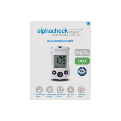 Afbeelding van de voorkant van de verpakking voor „Alphacheck Professional NFC bloedsuikermeter eco | Verpakking (1 stuk)“ van Berger Med GmbH. De verpakking heeft een digitaal display met een meetwaarde van 105 mg/dL. Etiketten benadrukken functies zoals Bluetooth-weergave, automatische codering en testgeheugen voor optimaal diabetesbeheer.
