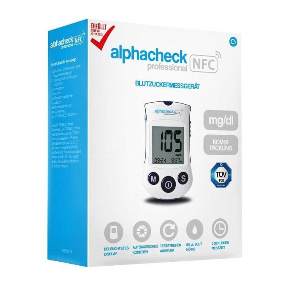 De afbeelding toont de verpakking van de Alphacheck Professional NFC bloedsuikermeter combipack | Verpakking (1 stuk). Op de voorkant van de doos staat een afbeelding van de Alphacheck Professional NFC bloedsuikermeter die een waarde van 105 mg/dL aangeeft. De doos bevat verschillende etiketten en symbolen die de diabetesmanagementfuncties en de integratie van de NFC-technologie benadrukken. Merknaam: Berger Med GmbH.