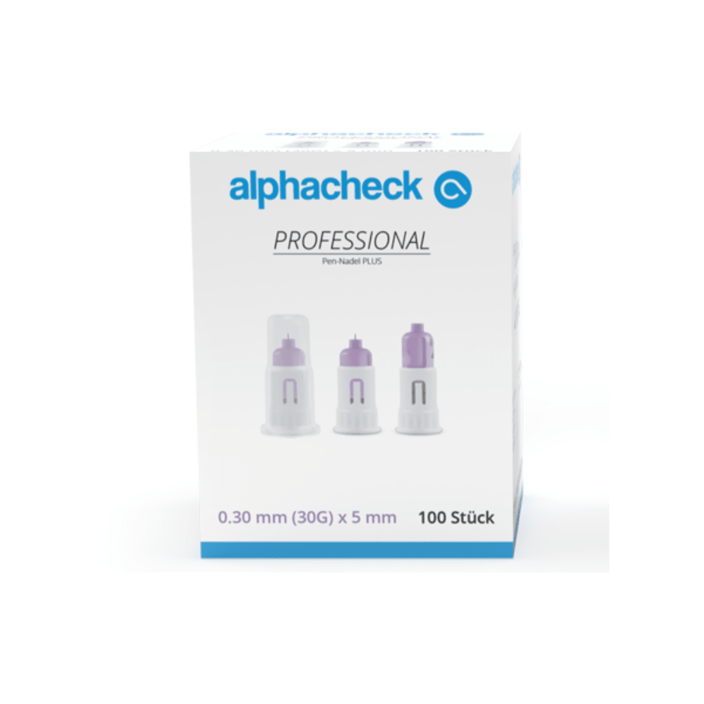 Een doos Alphacheck Professional Pen-naalden PLUS, verschillende maten, voor insuline-injecties. Op de doos staat een afbeelding van de steriele naalden en is de maat aangegeven: 0,30 mm (30G) x 5 mm. De doos bevat 100 stuks van Berger Med GmbH.