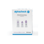 Een doos Alphacheck Professional Pen-naalden PLUS, verschillende maten, voor insuline-injecties. Op de doos staat een afbeelding van de steriele naalden en is de maat aangegeven: 0,30 mm (30G) x 5 mm. De doos bevat 100 stuks van Berger Med GmbH.