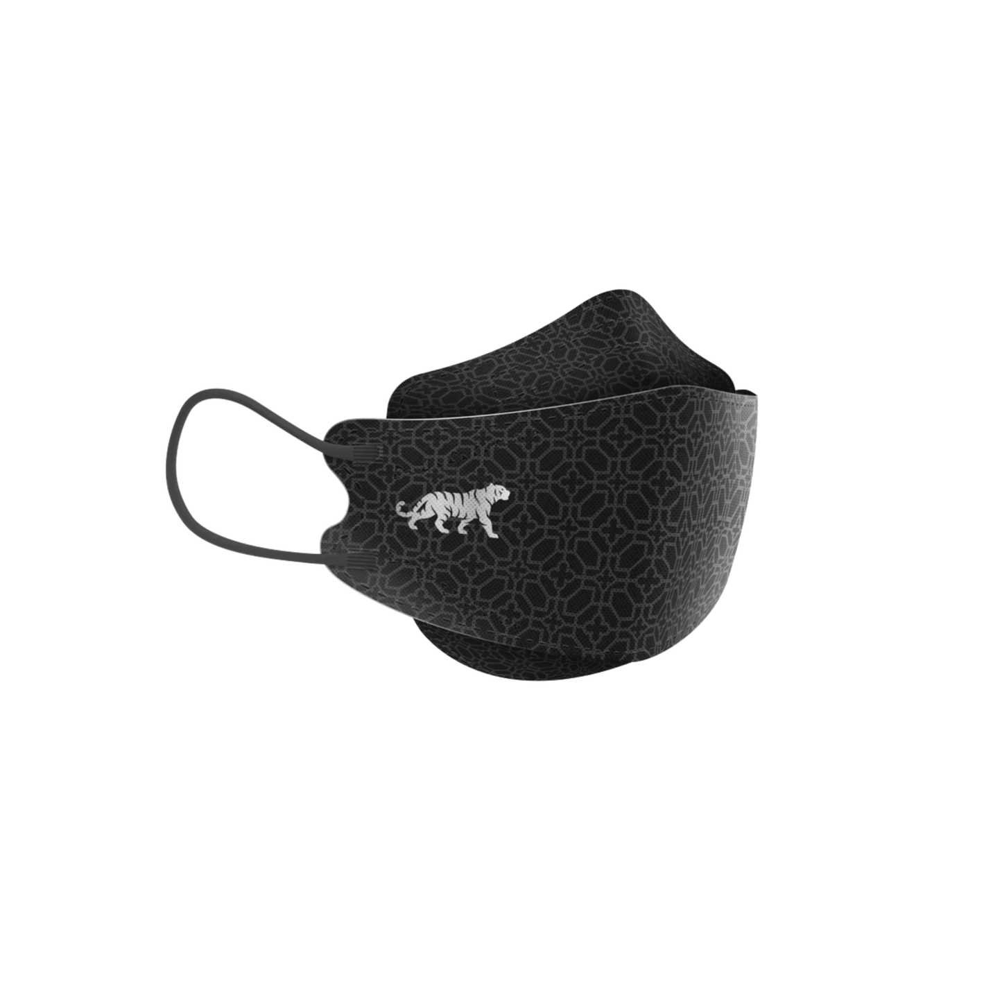 De Altruan Designer-gezichtsmasker Deeltjesfilterend (FFP2-norm) in zwart valt op door een eenvoudig geometrisch patroon met een geborduurde witte tijger aan de zijkant. Dit masker biedt oorlussen en een ergonomische pasvorm voor meer comfort en is verkrijgbaar in een verpakking met 10 maskers.