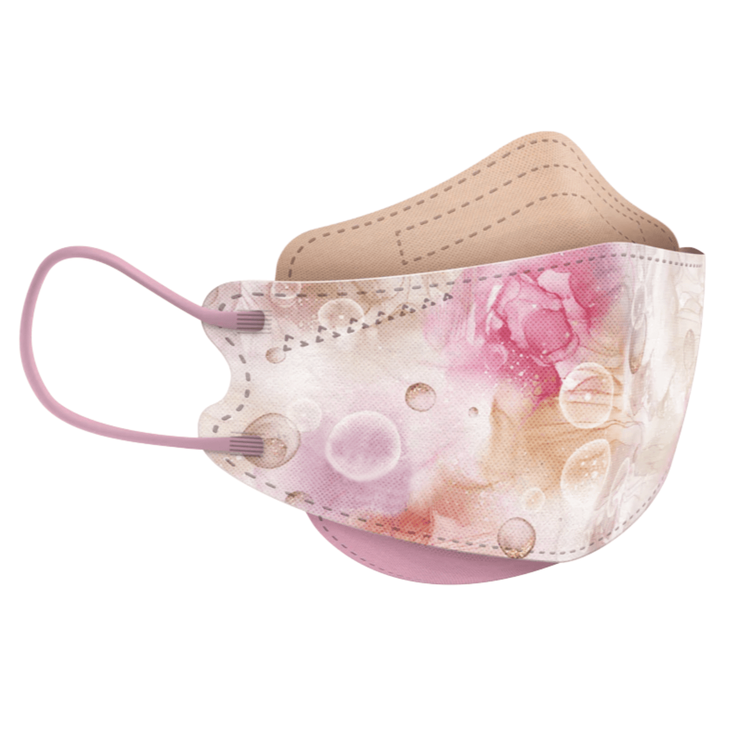 De Designer-gezichtsmasker Deeltjesfilterend van Altruan, die voldoet aan de FFP2-norm, heeft een modieus ontwerp in pastelkleuren met bubbels en abstracte patronen. Dit masker biedt effectieve bescherming met comfortabele oorlussen en wordt weergegeven op een eenvoudige witte achtergrond om haar stijlvolle eigenschappen te benadrukken.