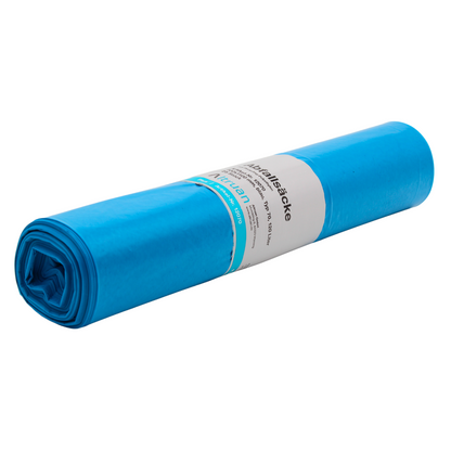 Een Altruan vuilniszak 120 liter type 70, 12070 Premium, blauw met wit etiket, van gerecycled LDPE, geïsoleerd op witte achtergrond.