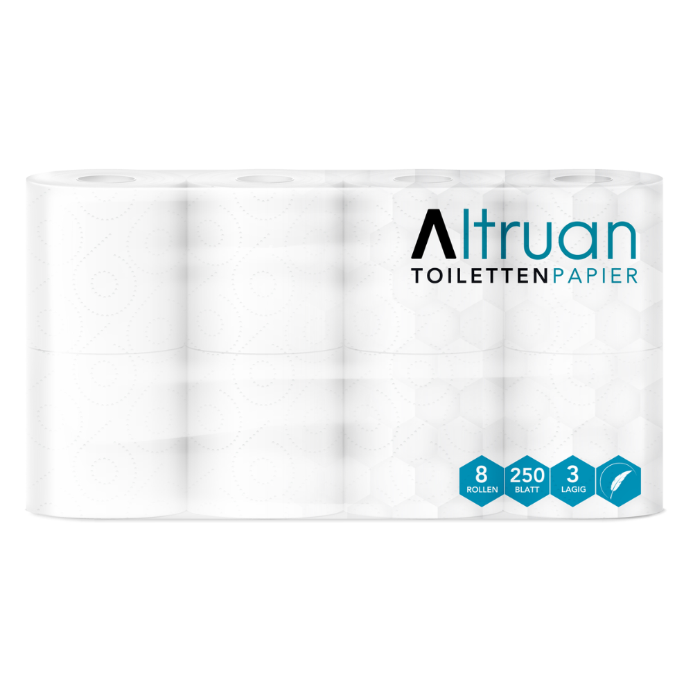 Een verpakte set met 8 rollen van het merk „Altruan Toilettenpapier“ van Meditrade GmbH. Op de verpakking staat aangegeven dat elke rol bestaat uit 250 vel 3-laags, wit toiletpapier van 100% cellulose.