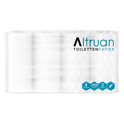 Een verpakte set met 8 rollen van het merk „Altruan Toilettenpapier“ van Meditrade GmbH. Op de verpakking staat aangegeven dat elke rol bestaat uit 250 vel 3-laags, wit toiletpapier van 100% cellulose.