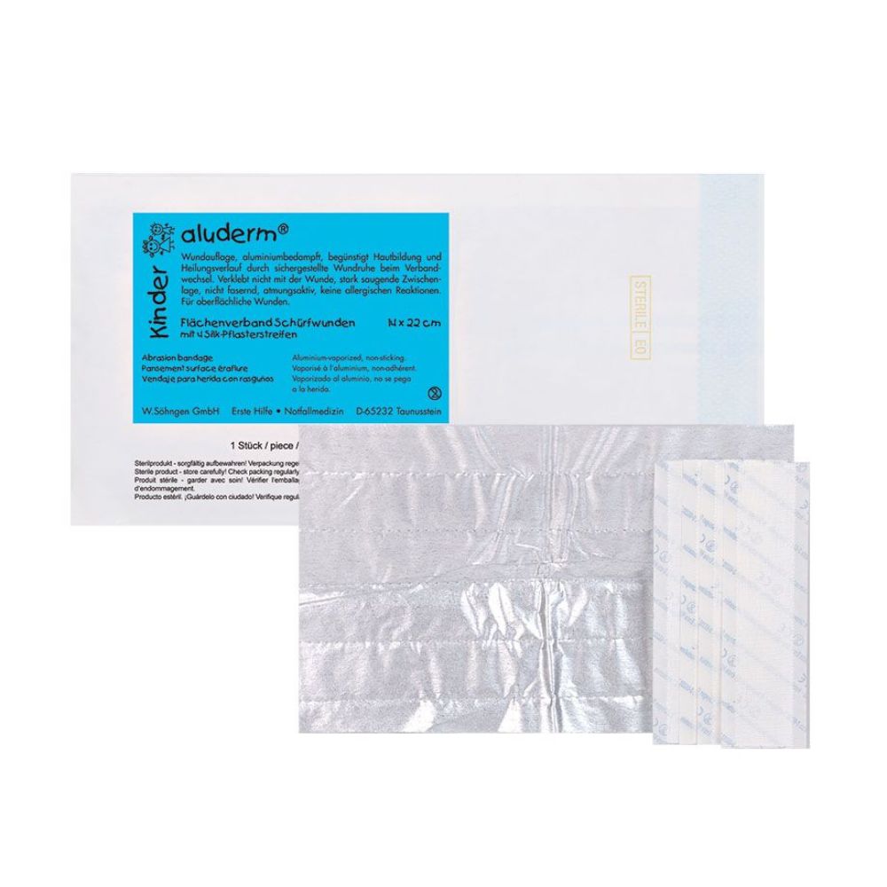Het aluderm® Kinder Flächenverband Schürfwunden van de W. Söhngen GmbH is een rechthoekige, folie-gecoate wondverband met blauwe "aluderm"-opdruk - ideaal voor schaafwonden en gevoelige kinderhuid. De verpakking toont productinformatie en branding.