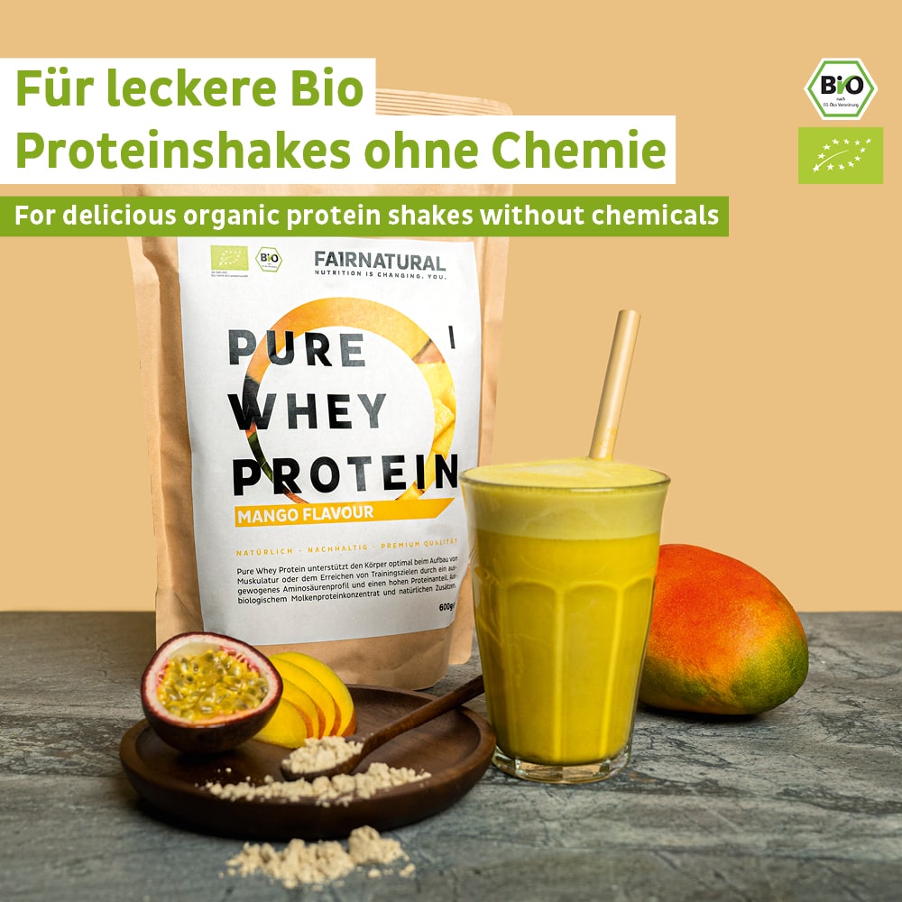 Biologische weiproteïnepoeder mango
