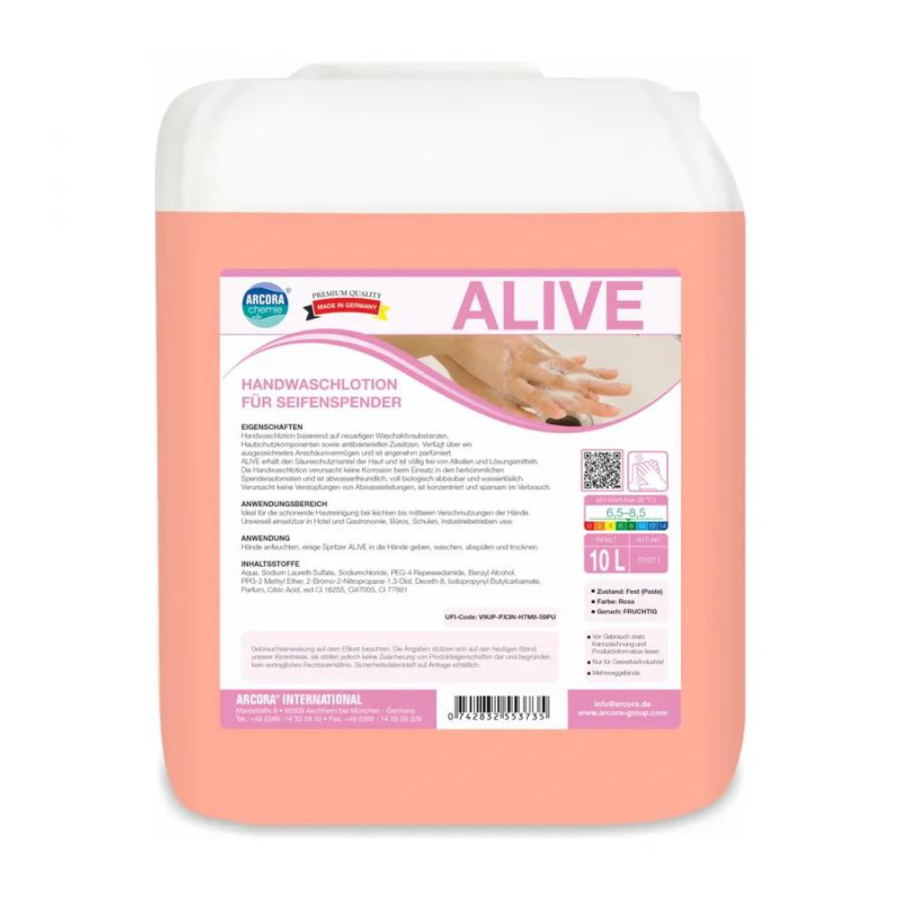 De Arcora Alive handwaslotion voor zeepdispensers van Arcora International GmbH in een 10-liter container is een roze, biologisch afbreekbare vloeibare zeep met een etiket waarop productinformatie, gebruiksinstructies en aanwijzingen voor handwassen te vinden zijn.