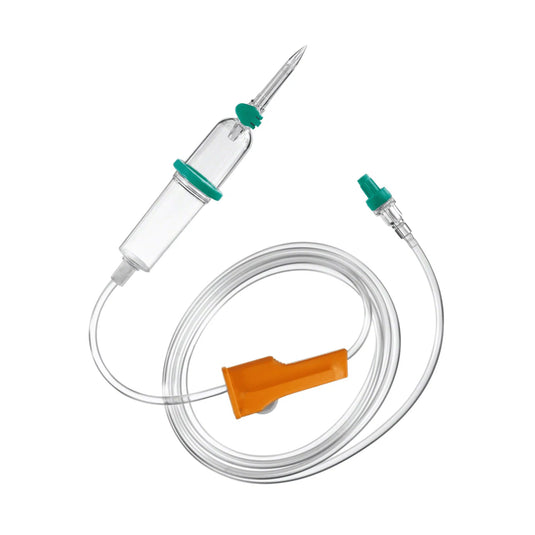 Dat B. Braun Intrafix® SafeSet-infusieset van B. Braun Deutschland GmbH & Co. KG is een set voor intraveneuze (IV) toediening, bestaande uit een doorzichtige druppelkamer, een naald en een lange, flexibele slang met een oranje rolklem voor een nauwkeurige regulering van de doorstroom. Deze set is bovendien voorzien van een AirStop-filtermembraan en een groene aansluiting die geschikt is voor zowel druk- als zwaartekrachtinfusies.