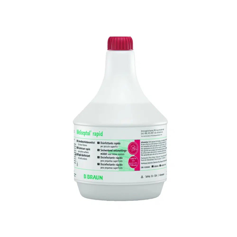 Een witte plastic fles met rode sluiting en de opdruk „B. Braun Meliseptol® rapid snelle desinfectie“ van B. Braun Deutschland GmbH & Co. KG. Het etiket met meerdere talen en veiligheidssymbolen geeft aan dat het is ontworpen voor snelle en efficiënte desinfectie van oppervlakken.