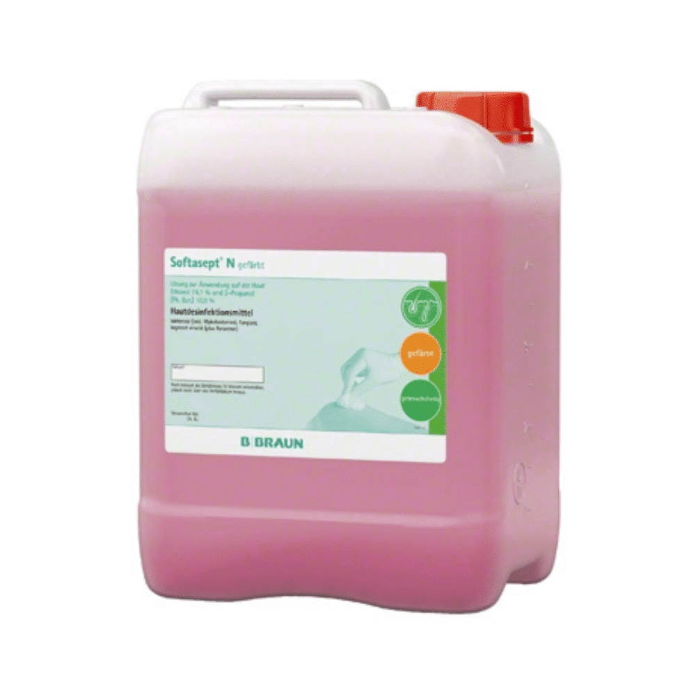 Een 5-liter container met B. Braun Softasept® N huiddesinfectiemiddel, gekleurd, een vloeibaar handdesinfectiemiddel dat bekend staat om zijn virucide en bactericide eigenschappen. Met een rode dop en roze vloeistof is het voorzien van productinformatie en de branding van de B. Braun Deutschland GmbH & Co. KG en is het daarom ideaal voor een effectieve huiddesinfectie.
