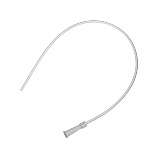 Een foto van de B. Braun Afzuigkatheter van het type Ideal met rechte punt en kleurgecodeerde trechteradapters. De flexibele, witte medische slang is in een halve cirkel opgerold, waardoor de uitstekende glij-eigenschappen goed tot hun recht komen tegen de eenvoudige witte achtergrond.
