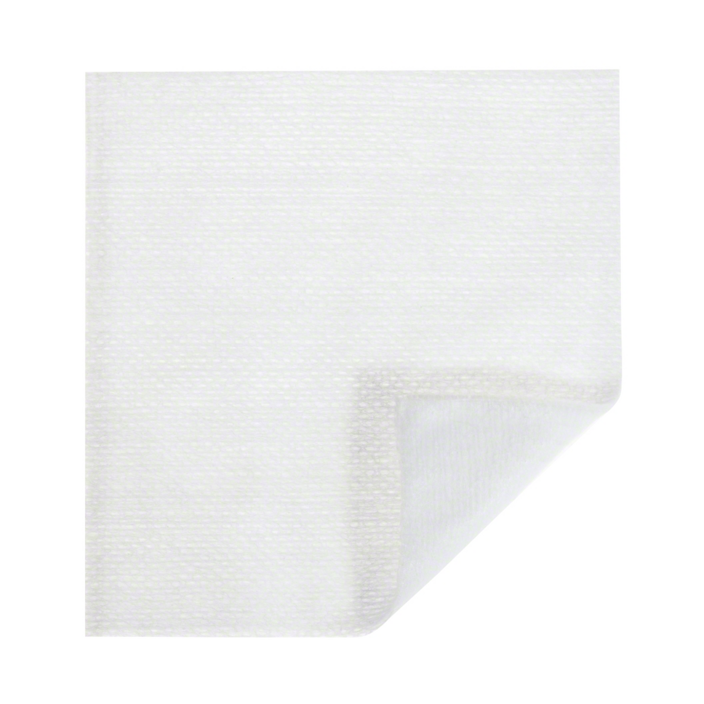 Een B. Braun Askina® non-woven kompres, geproduceerd door B. Braun Deutschland GmbH & Co. KG, is aan een hoek gevouwen voor een witte achtergrond, wat haar textuur en onberispelijke uitstraling benadrukt.