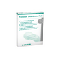 Een afbeelding van de B. Braun Debridement Pads, 3-pack| verpakking (3 stuks) van B. Braun Deutschland GmbH & Co. KG toont een witte doos met groene en grijze tekst, meertalige etiketten en een afbeelding van een hand die het pad voor wonddebridement gebruikt, waarbij de effectieve microvezelzijde wordt benadrukt.