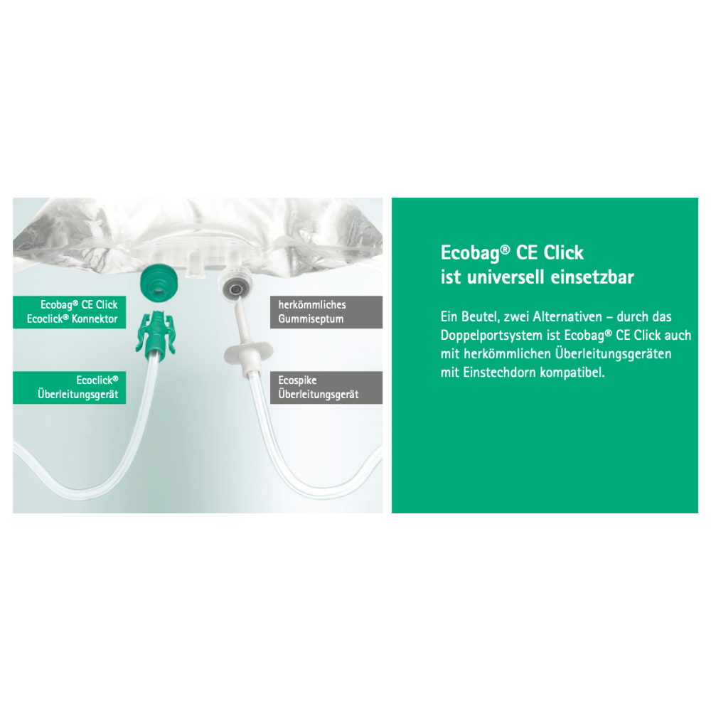De afbeelding toont een medische apparaatopstelling met een zak die verbonden is met slangen. Aan de linkerkant zijn aansluitingen te zien met het opschrift "B. Braun Ecobag® CE Click" en "Ecospike". Aan de rechterkant bevindt zich een Duitse tekst over de compatibiliteit van het apparaat met B. Braun Ecobag® CE Click NaCl 0,9% Spoeloplossing en zijn universele inzetbaarheid voor gebruik met verschillende producten van B. Braun Deutschland GmbH & Co. KG.
