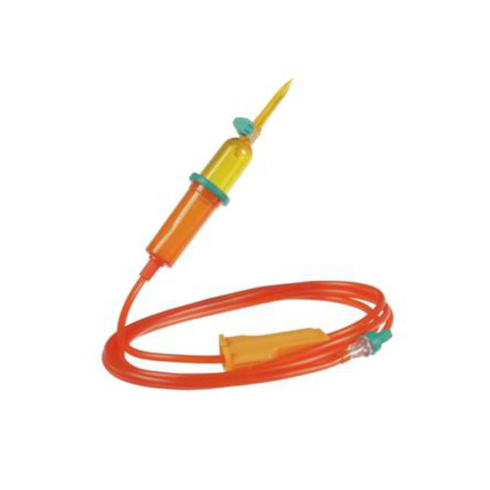 Het B.Braun Intrafix® SafeSet UV Protect Premium-infusiesysteem van B. Braun Deutschland GmbH & Co. KG is een oranje infusieset die wordt gekenmerkt door een transparante kamer en naald, verbonden met een flexibele oranje slang. Het is perfect geschikt voor drukinfusies of zwaartekrachtinfusies en is voorzien van een doorstroomregelaar en een groene dop aan één uiteinde.