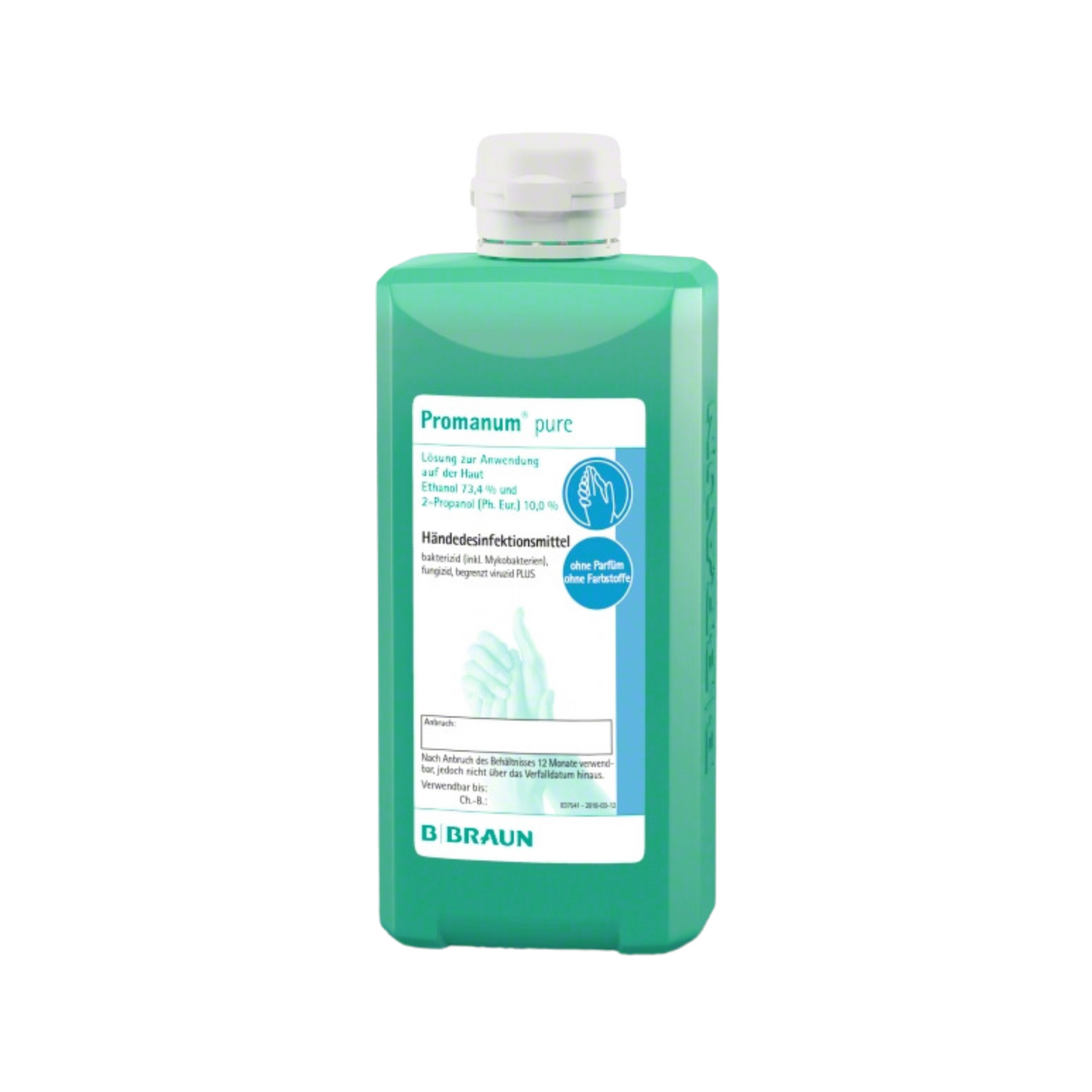De B. Braun Promanum® pure handdesinfectiemiddel van B. Braun Deutschland GmbH & Co. KG is een groene fles van 500 ml met huidvriendelijke, alcoholische handdesinfectiemiddel met een etiket met productdetails en een afbeelding van handen en een witte dop.