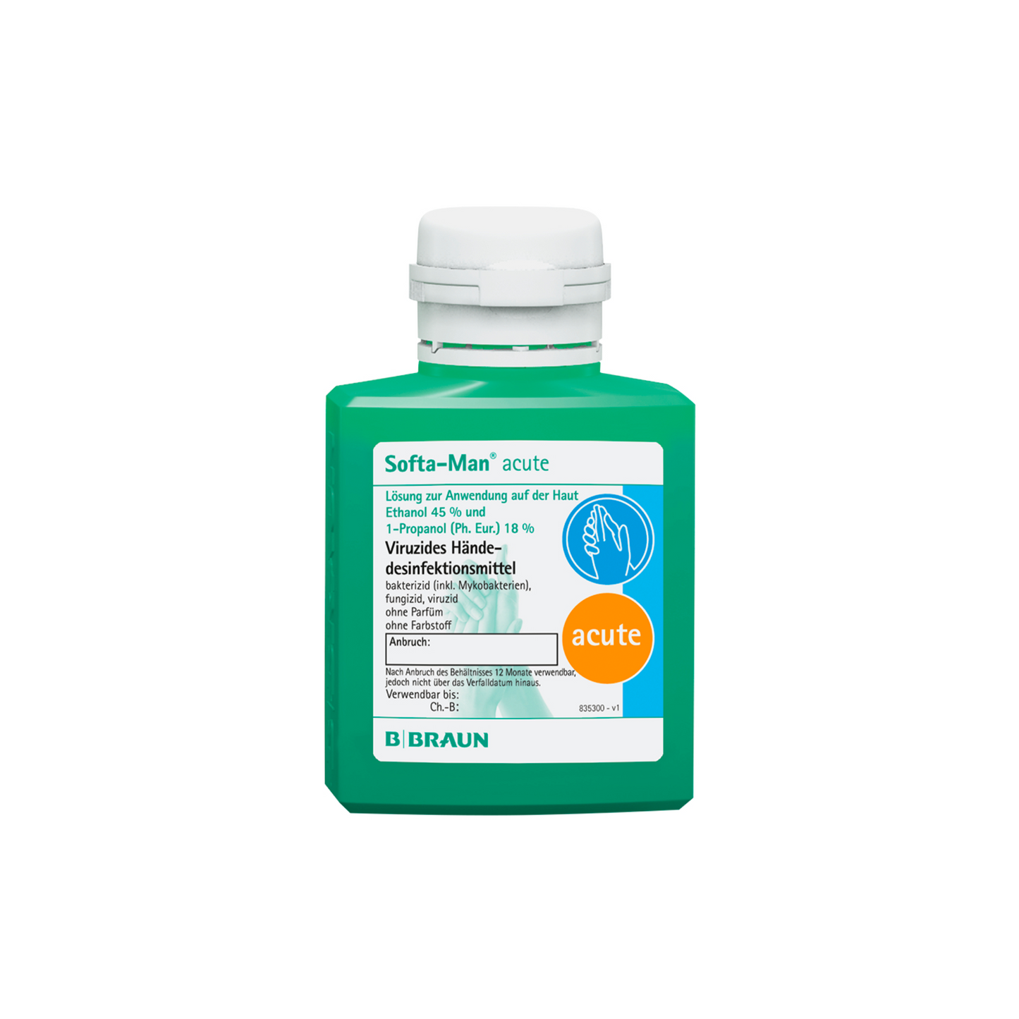 Een groene fles B. Braun Softa-Man® acute handdesinfectiemiddel, gericht op de medische sector, is ontworpen door B. Braun Deutschland GmbH & Co. KG. Het etiket bevat productdetails, een logo en een geïllustreerde handleiding. Het is voorzien van een witte dop en wordt gepresenteerd op een eenvoudige witte achtergrond.