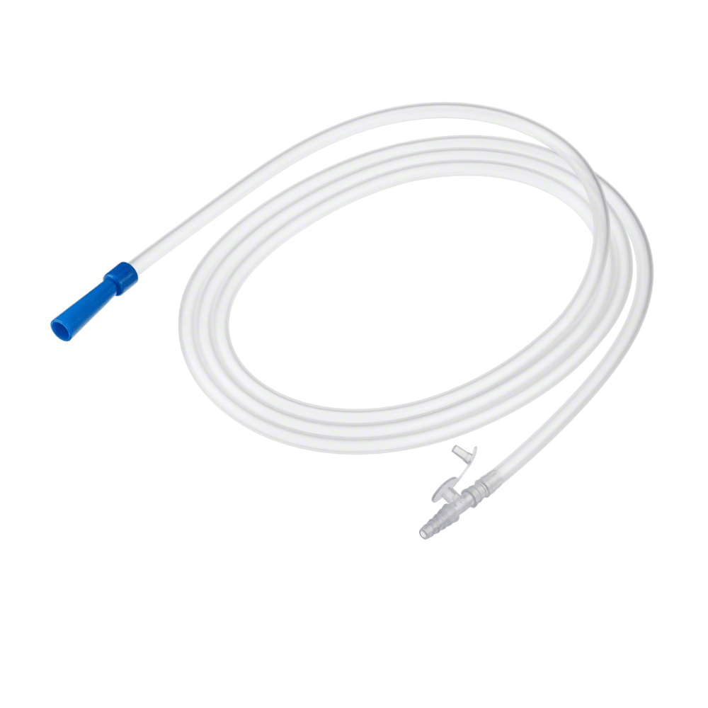 Een opgerolde witte slang met een blauw uiteinde en een transparant aansluitstuk, vergelijkbaar met de B. Braun Vacufix® afzuigslangen met trechter/vingertip van B. Braun Deutschland GmbH & Co. KG, uitgerust met een kleine kunststofklem voor doorstroomregeling.