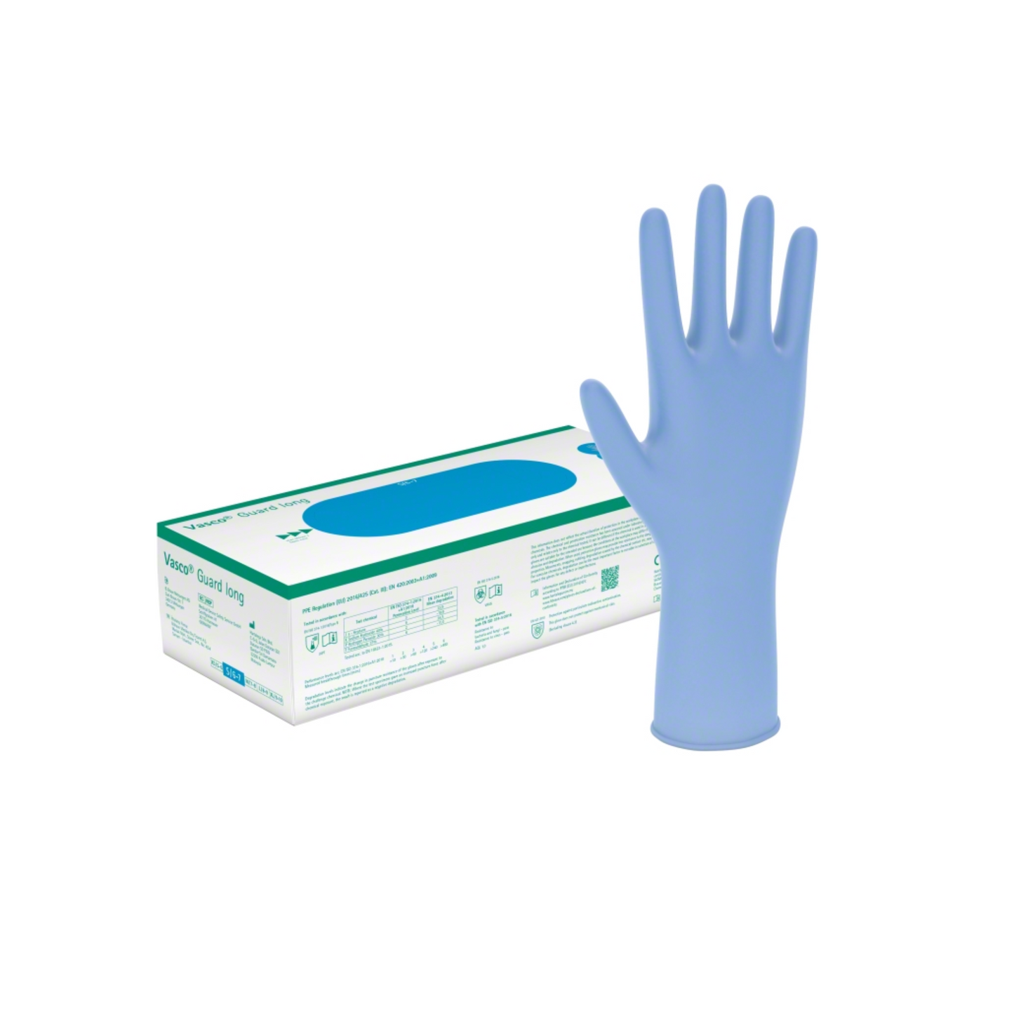 Een blauwe B. Braun Vasco® Guard lange wegwerphandschoen, extra lang en latexvrij, staat rechtop naast zijn verpakkingsdoos. De eenvoudige witte achtergrond benadrukt deze nitril-butadieen onderzoekshandschoenen van B. Braun Deutschland GmbH & Co. KG mooi.