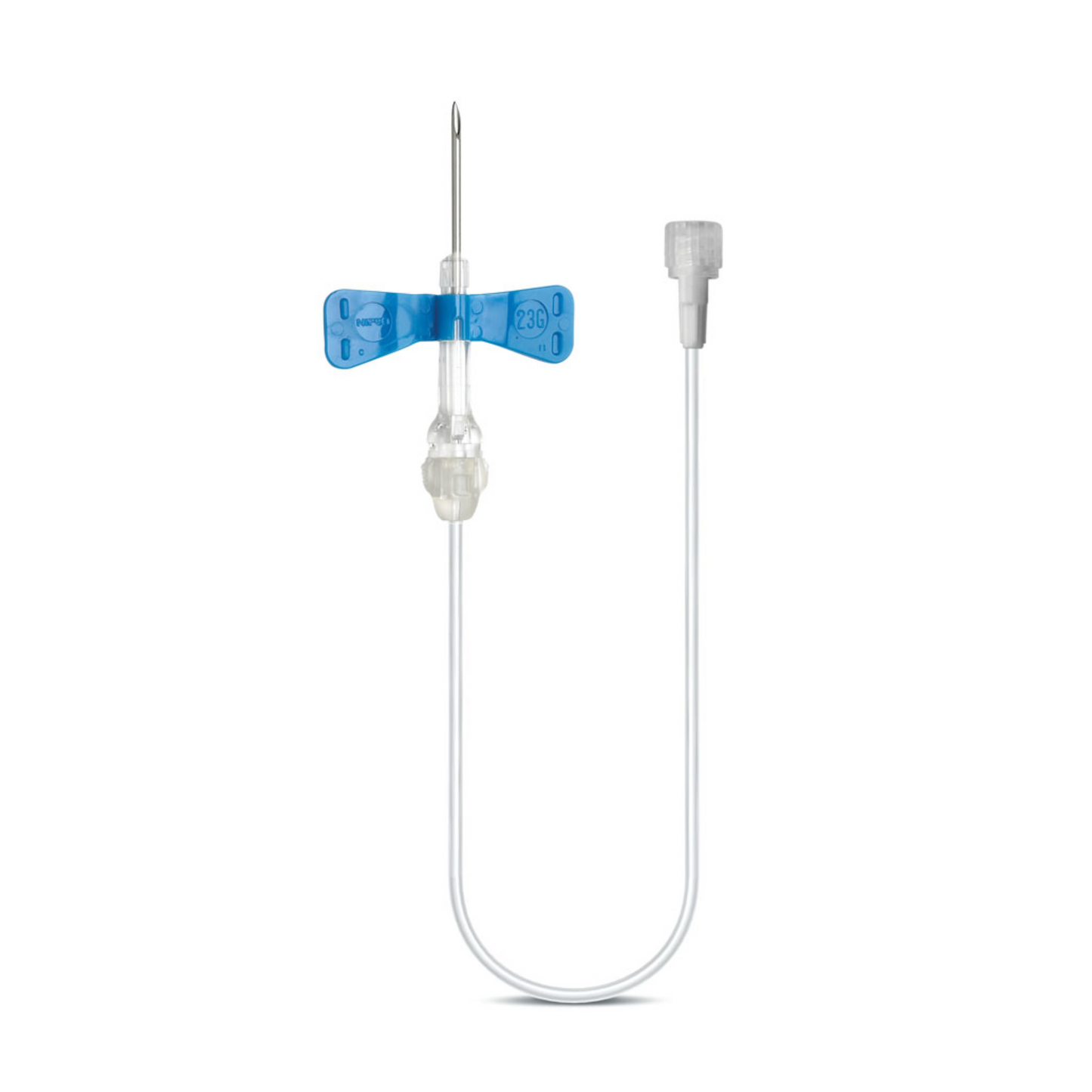 De B. Braun Venofix® veiligheidsnaald (0,8 x 19 mm, 21G) van B. Braun Deutschland GmbH heeft een blauw vleugeldeel, een transparante aansluiting en een flexibele slang met een witte dop voor efficiënte veneuze punctie en bloedafname.