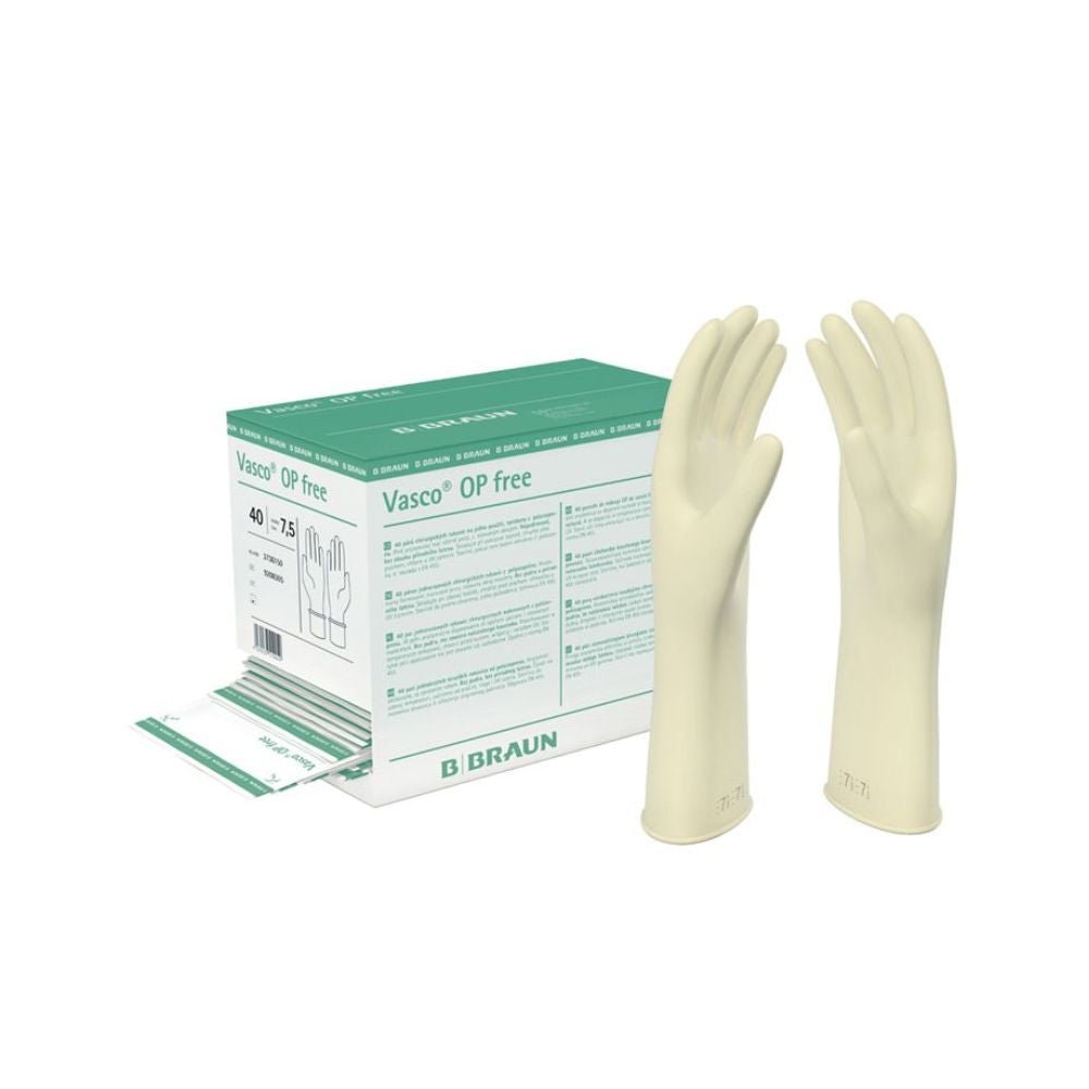 Een doos B. Braun Vasco OP free OP-handschoenen latexvrij steriel maat 7 (40 paar) met twee crèmekleurige handschoenen rechtop ernaast. Witte en groene verpakking toont maat en details. Latexvrij-ideaal voor latexallergiepatiënten. Merk: B. Braun Deutschland GmbH & Co. KG.