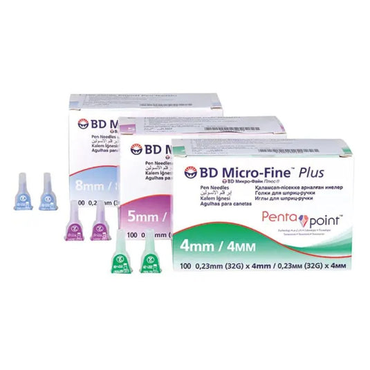Er zijn drie doosjes BD Micro-Fine Plus-pennaalden met Pentapoint-technologie verkrijgbaar in de maten 4 mm, 5 mm en 8 mm. Elk doosje bevat 100 naalden met Pentapoint-technologie voor een hoog draagcomfort. De verpakking met kleurcodering past perfect bij verschillende insulinepennen. Merk: BD, Becton Dickinson GmbH.