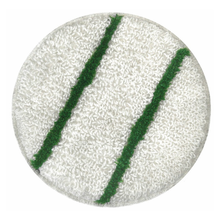 Een ronde witte Arcora Bonnetpad van Arcora International GmbH met twee diagonale groene lijnen - perfect voor gebruik als reinigingspads. Geleverd in een doos met 5 stuks.