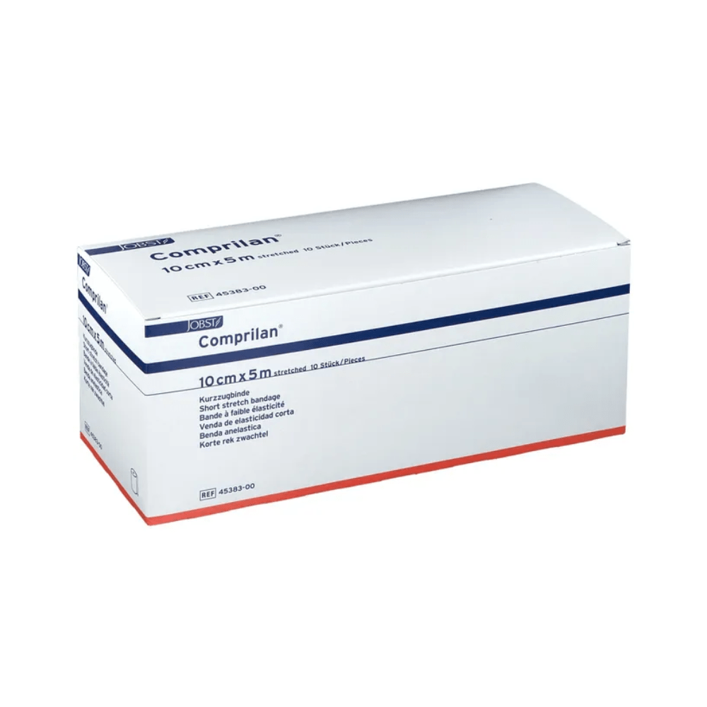 Een rechthoekige wit-blauwe doos met het opschrift „BSN Comprilan®“ van BSN Medical GmbH bevat een textiel-elastische korte rekverband met de afmetingen 10 cm x 5 m. Ideaal voor flebologische indicaties, de doos bevat productdetails en is veilig afgesloten.