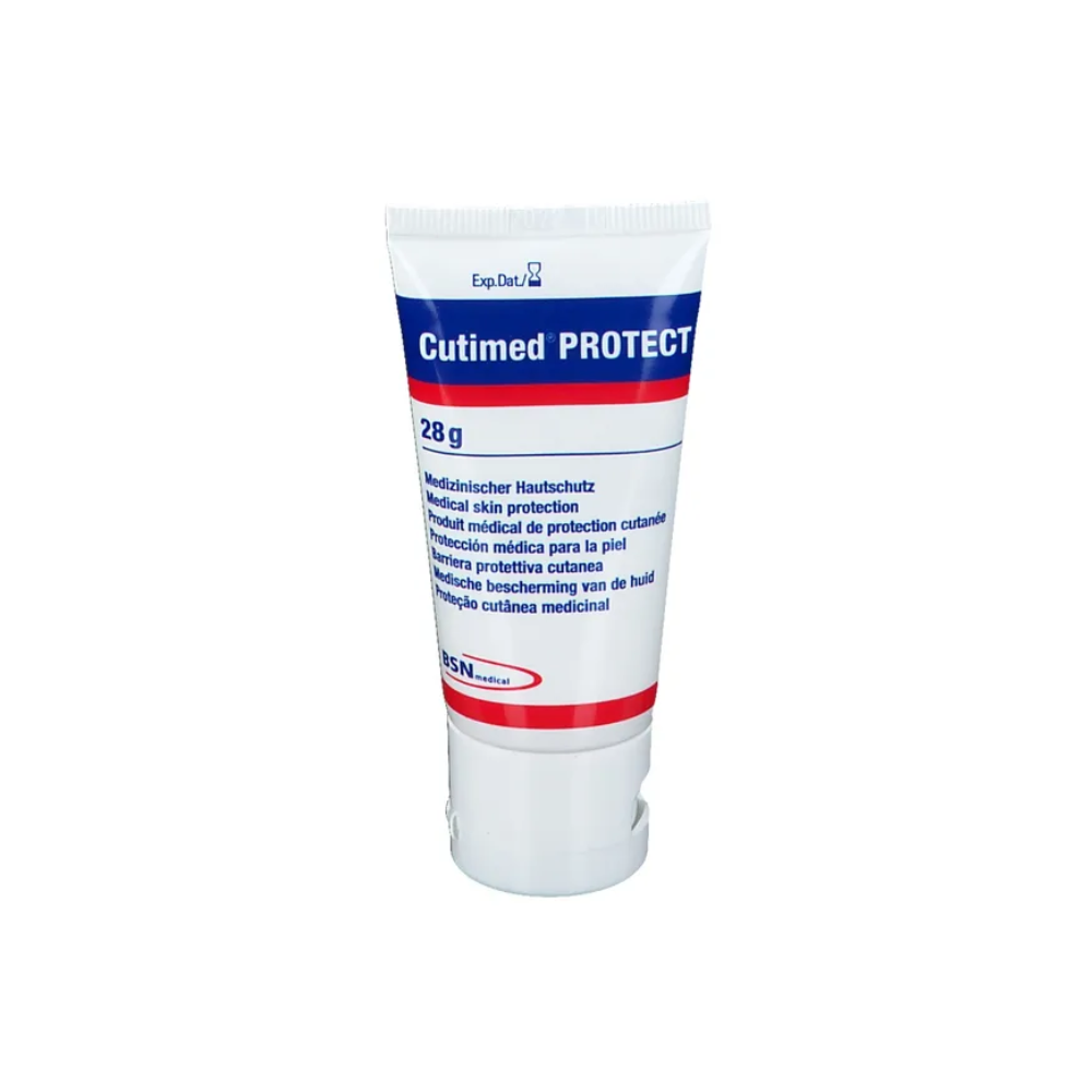 Een 28-gram tube BSN Cutimed® Protect Creme Wondbescherming van BSN medical GmbH (essity) is overwegend wit, de opdruk is rood en blauw en toont tekst in meerdere talen. Het merklogo en verdere productdetails zijn aan de voorkant gedrukt en benadrukken de hydraterende eigenschappen.