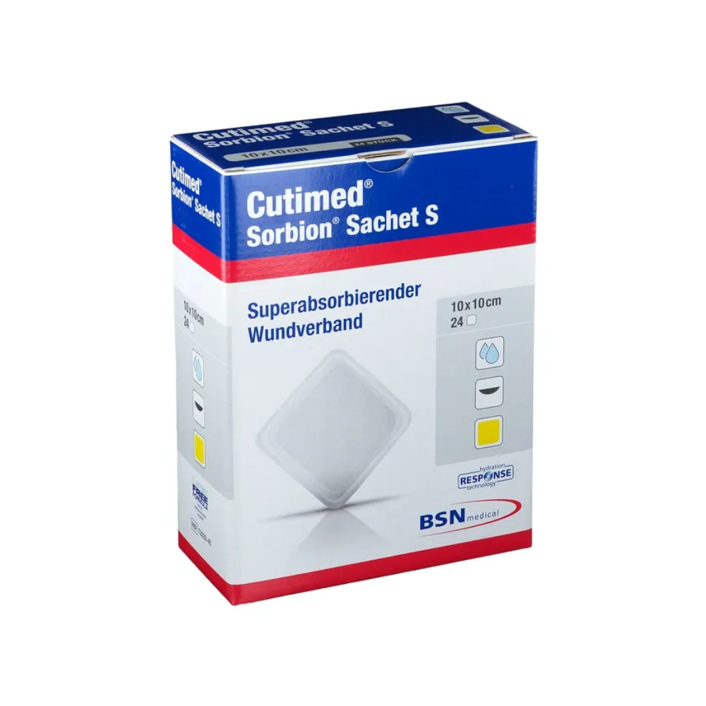 De BSN Cutimed® Sorbion® Sachet S wondverband van BSN Medical GmbH wordt gepresenteerd in een verpakking die de superabsorberende wondverband voor optimaal exsudaatbeheer benadrukt. De overwegend witte doos met blauwe en rode accenten bevat 24 stuks in het formaat 10x10 cm.