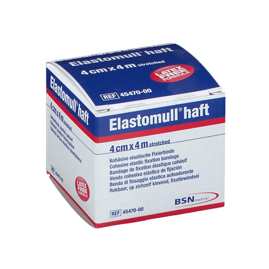 Een doos BSN Elastomull® haft, een elastisch fixatieverband met latexvrij polymeer. De verpakking is wit met blauwe en rode tekst; de afmetingen worden aangegeven als 4 cm x 4 m (uitgerekt); etiket van BSN Medical GmbH.