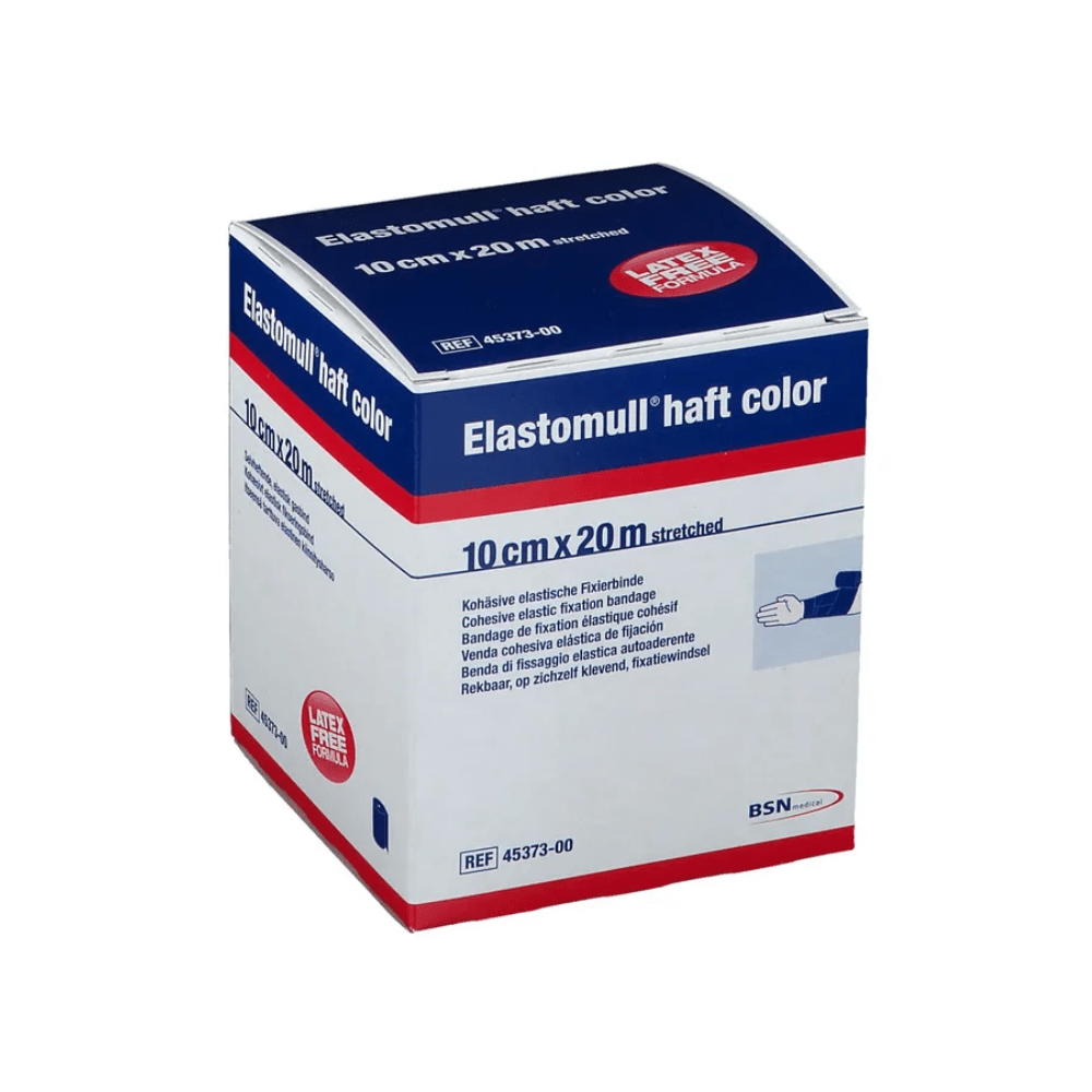 Uitgesteld is een BSN Elastomull® haft kleurendoos van BSN Medical GmbH, die hoofdzakelijk in blauw en wit met rode accenten is gehouden. De afmetingen '10 cm x 20 m uitgerekt' zijn duidelijk te herkennen. Dit latexvrije polymeerproduct wordt beschreven als een cohesief, elastisch fixatieverband.