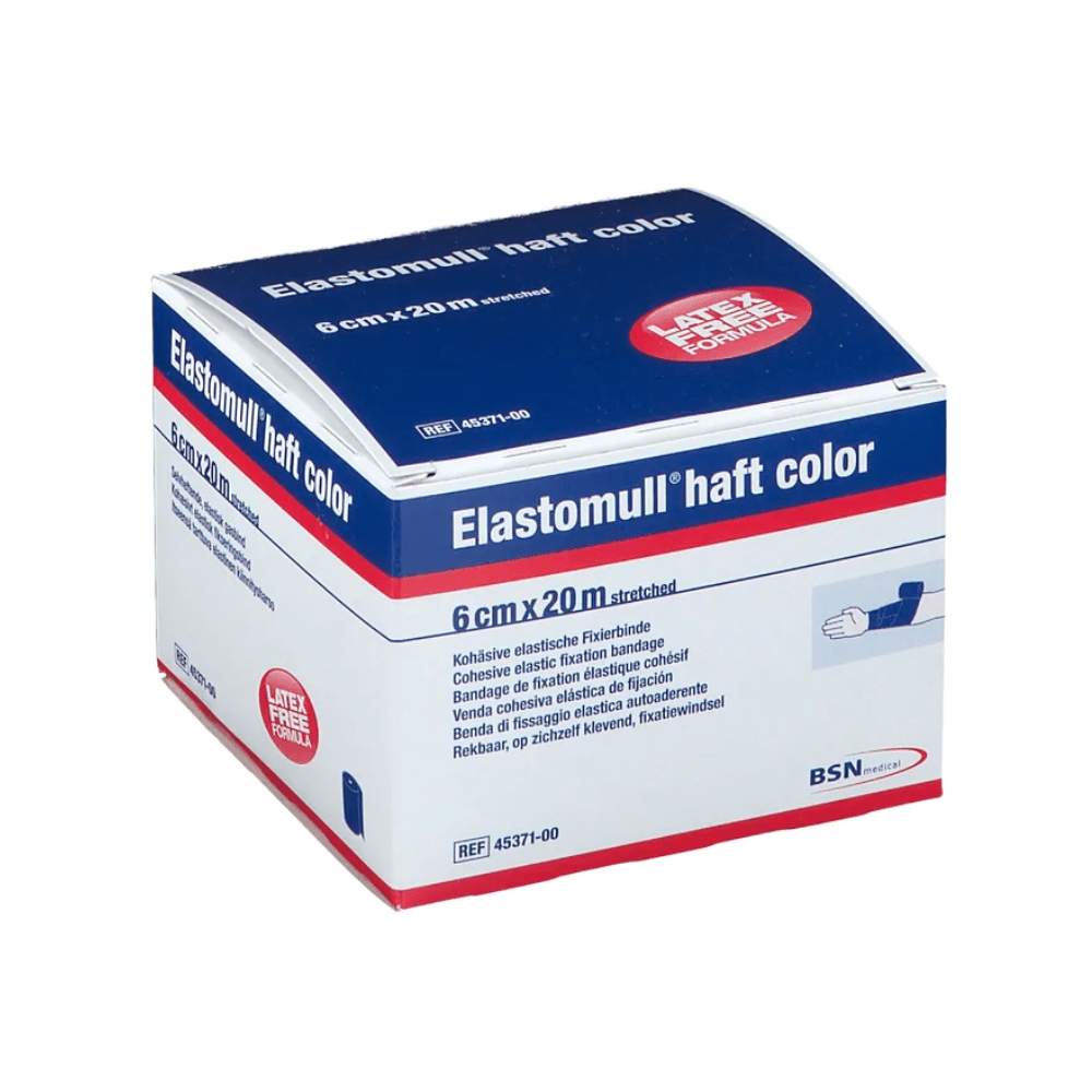 De afbeelding toont een doos BSN Elastomull® haft color, een elastisch fixatieverband met de afmetingen 6 cm x 20 m van BSN Medical GmbH. De blauw-witte verpakking met rode accenten bevat productdetails in meerdere talen en benadrukt de latexvrije polymeersamenstelling voor maximaal draagcomfort.