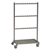 Der Novocal Bauchtuchwagen aus Edelstahl bietet 3 Querstreben mit je 10 Haken, vier Rollen und eine Edelstahlbodenwanne-ideal zur Organisation in Krankenhauseinrichtungen oder als medizinischer Wagen.