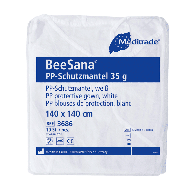Verpakking voor de Meditrade BeeSana® PP-beschermjas 35g, een witte beschermjas voor gebruik in het ziekenhuis van Meditrade GmbH. De verpakking heeft de afmetingen 140 x 140 cm en is ideaal voor eenmalig gebruik. Het bevat in totaal 100 stuks per verpakking.