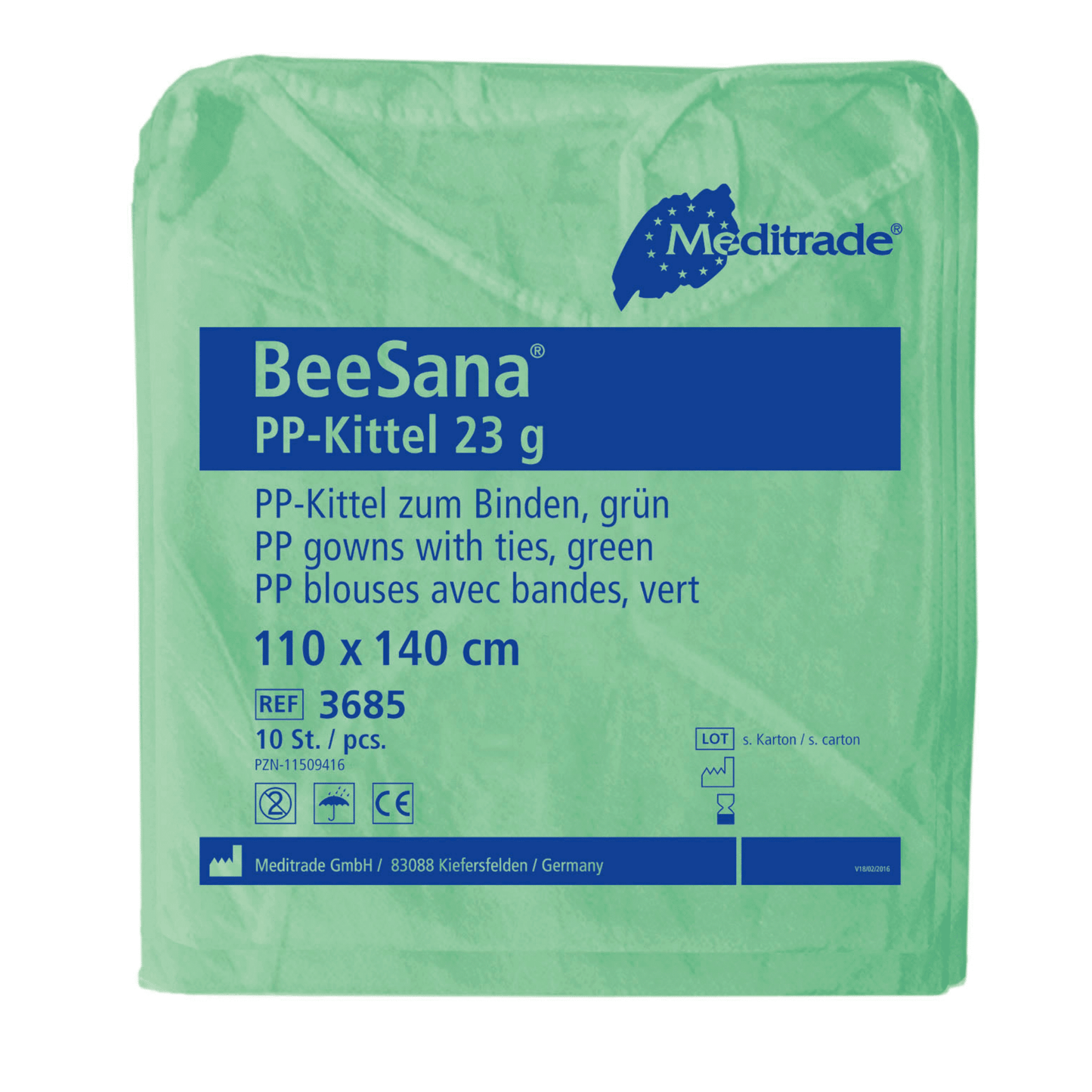 Een groene verpakking Meditrade BeeSana® PP-jassen 23g bevat een tekst in het Duits en Frans, die de ademende wegwerpbeschermingsjas met banden in de maten 110 x 140 cm beschrijft. Elke doos van Meditrade GmbH bevat 100 stuks.