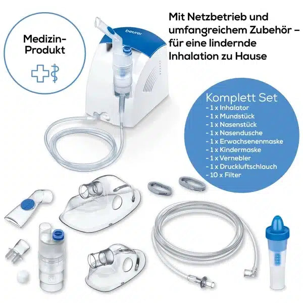 Een inhalatietherapieset bestaande uit een vernevelapparaat en verschillende opzetstukken, waaronder een inhalator, mondstuk, neusstuk, volwassenmasker, kindermasker, vernevelaar, luchtslang, medicijnhouder, drukbestendige opbergcontainer en filter. Ideaal voor de behandeling van astma en andere luchtwegaandoeningen. Productnaam: Beurer Inhalator IH 26 | Verpakking (1 stuk). Merknaam: Beurer GmbH.