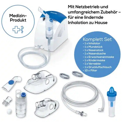 Een inhalatietherapieset bestaande uit een vernevelapparaat en verschillende opzetstukken, waaronder een inhalator, mondstuk, neusstuk, volwassenmasker, kindermasker, vernevelaar, luchtslang, medicijnhouder, drukbestendige opbergcontainer en filter. Ideaal voor de behandeling van astma en andere luchtwegaandoeningen. Productnaam: Beurer Inhalator IH 26 | Verpakking (1 stuk). Merknaam: Beurer GmbH.