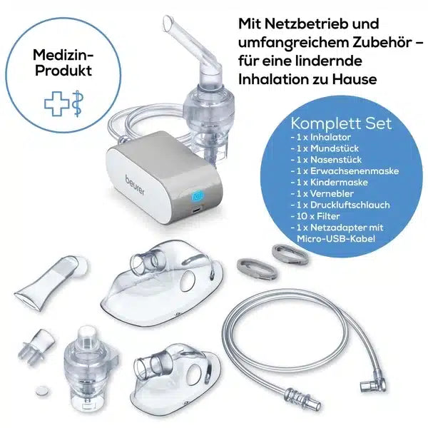 Het uitloopartikel: Beurer kleine inhalator IH 58 van de Beurer GmbH is een compacte medische inhalatieset met maskers, slangen en aansluitingen - ideaal voor de verzachtende thuistherapie bij astma en andere luchtwegaandoeningen.