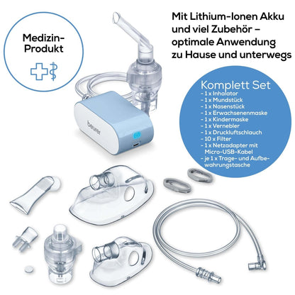 Afbeelding toont het Beurer GmbH uitloopartikel: Beurer kleine inhalator IH 60 met accessoires - volwassenen-/kinder maskers, mondstuk, neusadapter, filter en oplaadkabel. Duitse tekst benadrukt compressor-luchttechnologie voor ademhalingsaandoeningen.
