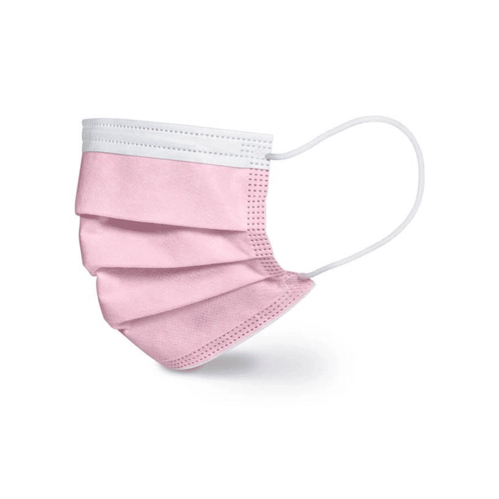 Eine einzelne rosa Einweg-OP-Maske von Beurer in rosa MM 15 – 20 Stück | Packung (20 Stück) von Beurer GmbH mit weißen Ohrschlaufen ist auf einem weißen Hintergrund abgebildet. Die Maske verfügt über Falten zur Ausdehnung, einen weißen Streifen oben und ist aus Sicherheitsgründen CE-zertifiziert.