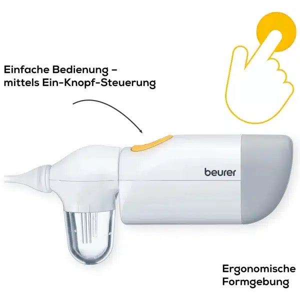 Het uitloopartikel: Beurer neusreiniger NA 20 voor baby's van Beurer GmbH heeft een wit-grijs ontwerp, een transparante container, een gele drukknop, een Duitse tekst voor zachte neusreiniging en een ergonomische bediening met één knop, evenals een illustratie van de ingedrukte knop.