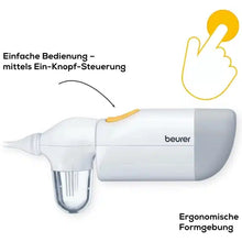 Der Auslaufartikel: Beurer Nasensauger NA 20 für Babys der Beurer GmbH hat ein weiß-graues Design, einen transparenten Behälter, einen gelben Druckknopf, einen deutschen Text zur sanften Nasenreinigung und eine ergonomische Ein-Knopf-Bedienung sowie eine Illustration des gedrückten Knopfes.