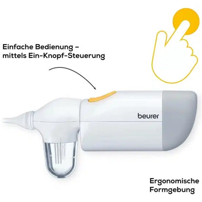 Het uitloopartikel: Beurer neusreiniger NA 20 voor baby's van Beurer GmbH heeft een wit-grijs ontwerp, een transparante container, een gele drukknop, een Duitse tekst voor zachte neusreiniging en een ergonomische bediening met één knop, evenals een illustratie van de ingedrukte knop.