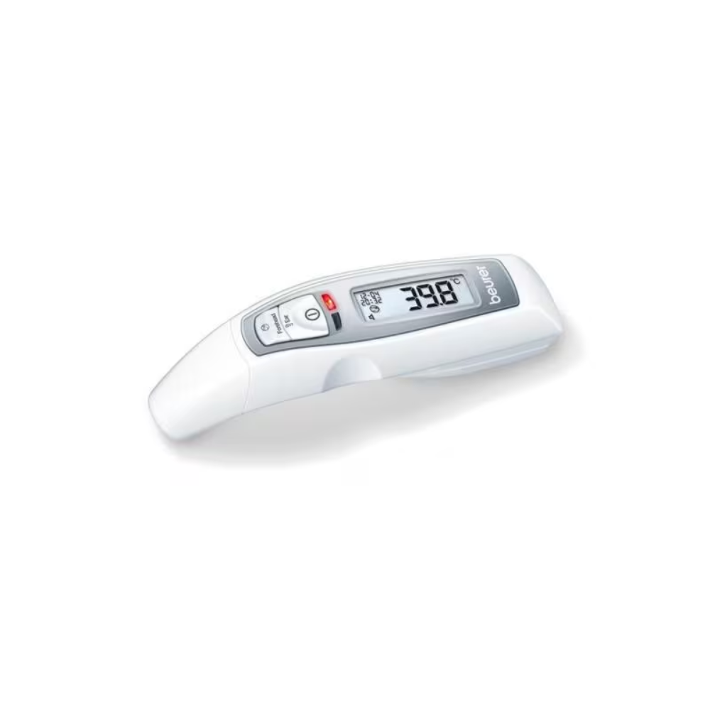 Een Beurer FT 65 multifunctionele thermometer contactloos van Beurer GmbH in Weiß toont op zijn LCD-scherm een temperatuur van 39,8 °C. Het apparaat, ontworpen voor snelle metingen, is voorzien van knoppen voor aanzetten en meten, waarbij de merknaam „Beurer“ aan de zijkant zichtbaar is. De thermometer ligt op een wit oppervlak.