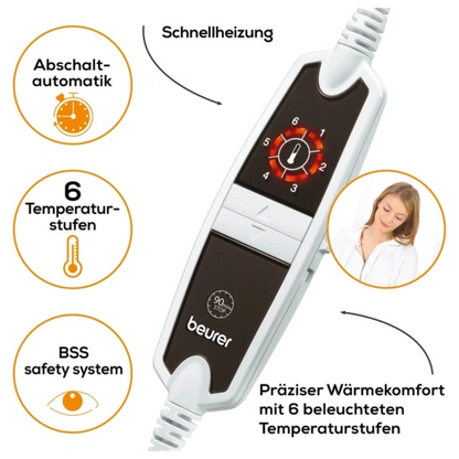 Afbeelding van de Beurer HK 115 Cosy verwarmingskussen-bedieningseenheid van Beurer GmbH met zes temperatuurstanden (6 warmtestanden), verlichte displays, snelle verwarmingsfunctie, automatische uitschakelfunctie en BSS-veiligheidssysteem. De tekstbeschrijvingen in het Duits leggen deze functies uit en benadrukken het XXL-verwarmingskussen. Een OEKO-TEX® STANDARD 100-certificeringslabel is ook zichtbaar. In de rechterbenedenhoek van de afbeelding is een glimlachende vrouw te zien.