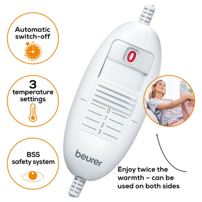 Afbeelding van een Beurer HK 48 Sofa-verwarmingskussen Cosy-besturingseenheid met gelabelde functies. Het apparaat beschikt over een aan/uit-schakelaar, drie temperatuurinstellingen, een automatische uitschakelfunctie en het BSS-veiligheidssysteem. De tekst benadrukt het vermogen om door het omkeerbare kussenontwerp aan beide zijden warmte te geven.