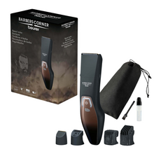 Afbeelding van de Beurer HR 4000 Bartstyler-set van „Barber’s Corner“ van de Beurer GmbH. Bevat de baardtrimmer, vier verschillende trimopzetstukken, een reinigingsborstel, olie, een opbergzak met trekkoord en de verpakkingsdoos met een afbeelding van de trimmer met roestvrijstalen mes en handelsmerk.