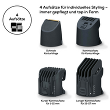 De Beurer HR 4000 Bartstyler van Beurer GmbH heeft vier verwisselbare haarknipopzetstukken, ideaal voor elke baardtrimmer. Deze omvatten een smal contourmes, een korte kamopzetstuk voor 1-12 mm, een lange kamopzetstuk voor 15-27 mm en een kamopzetstuk voor contouren. Op de verpakking (1 stuk) is ook een Duitse tekst aanwezig.